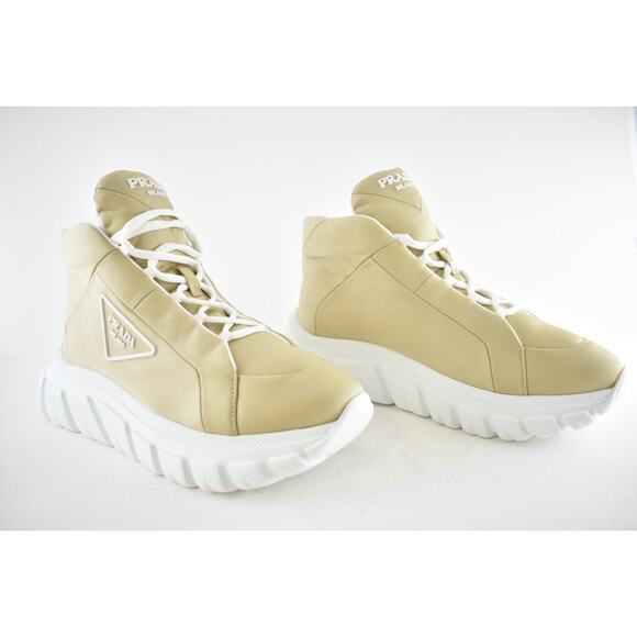 Prada Rush Piuma Nylon Beige White Platform Flat High Top Trainer Sneaker 38 - Picture 4 of 12